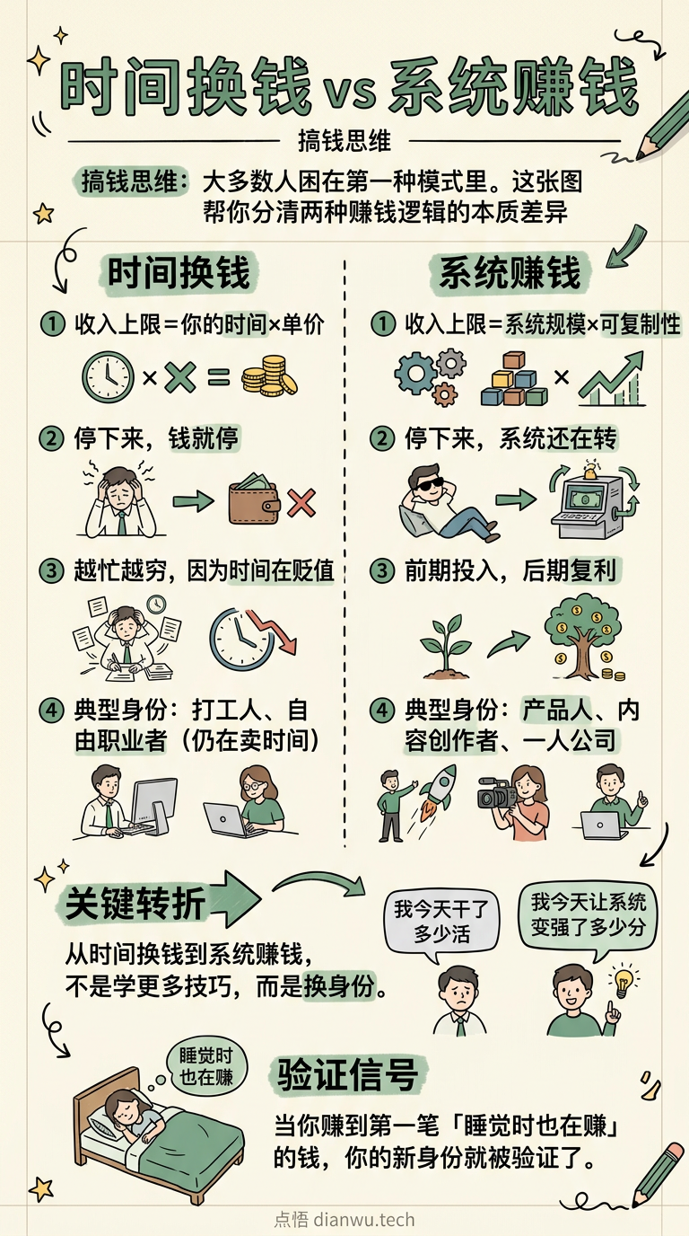 时间换钱 vs 系统赚钱 · 手绘信息图